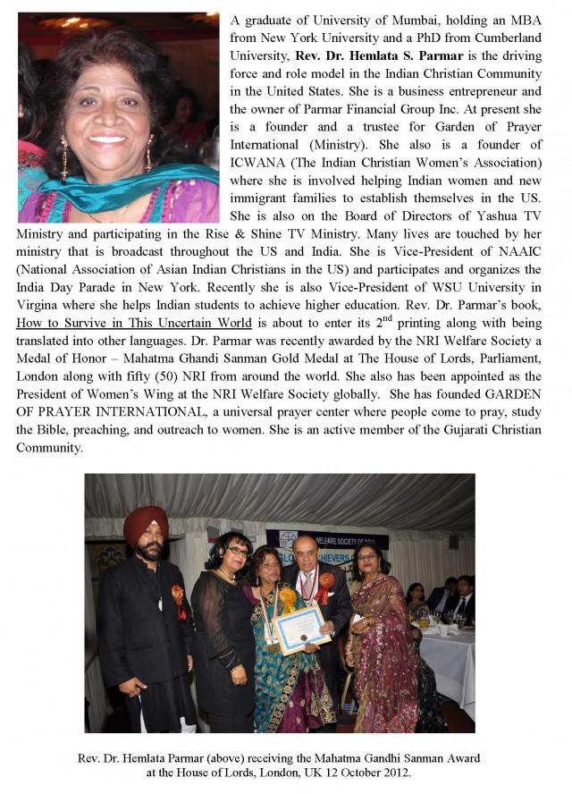 Rev. Dr. Hemlata Parmar received The Mahatma Gandhi Sanman Award at The
